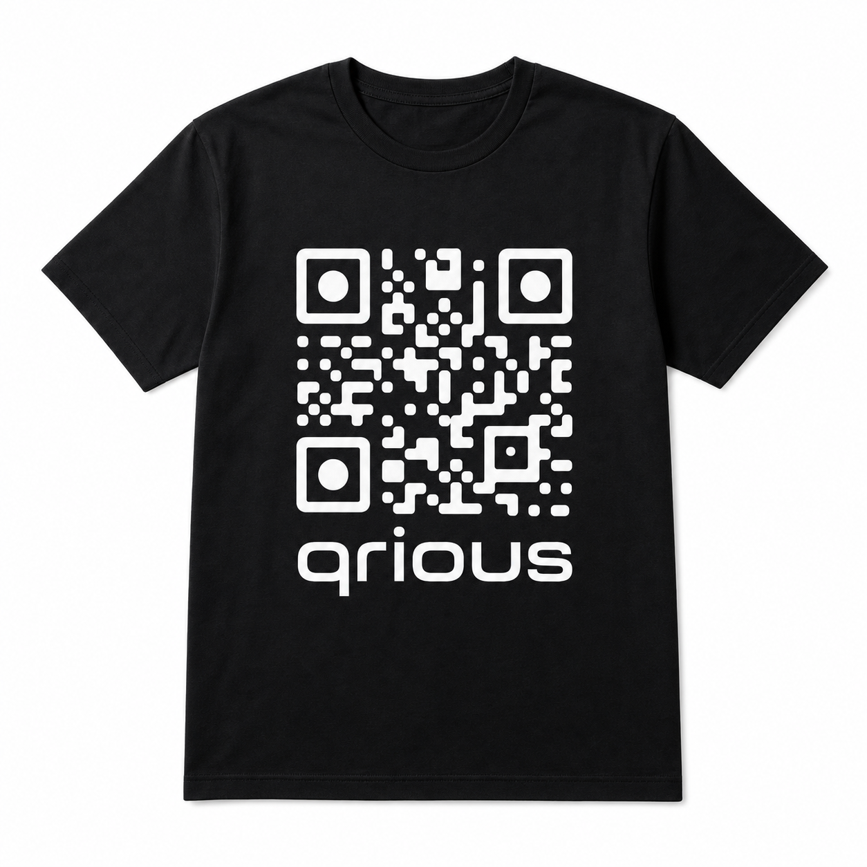 Black Qrious t-shirt with a white QR print
